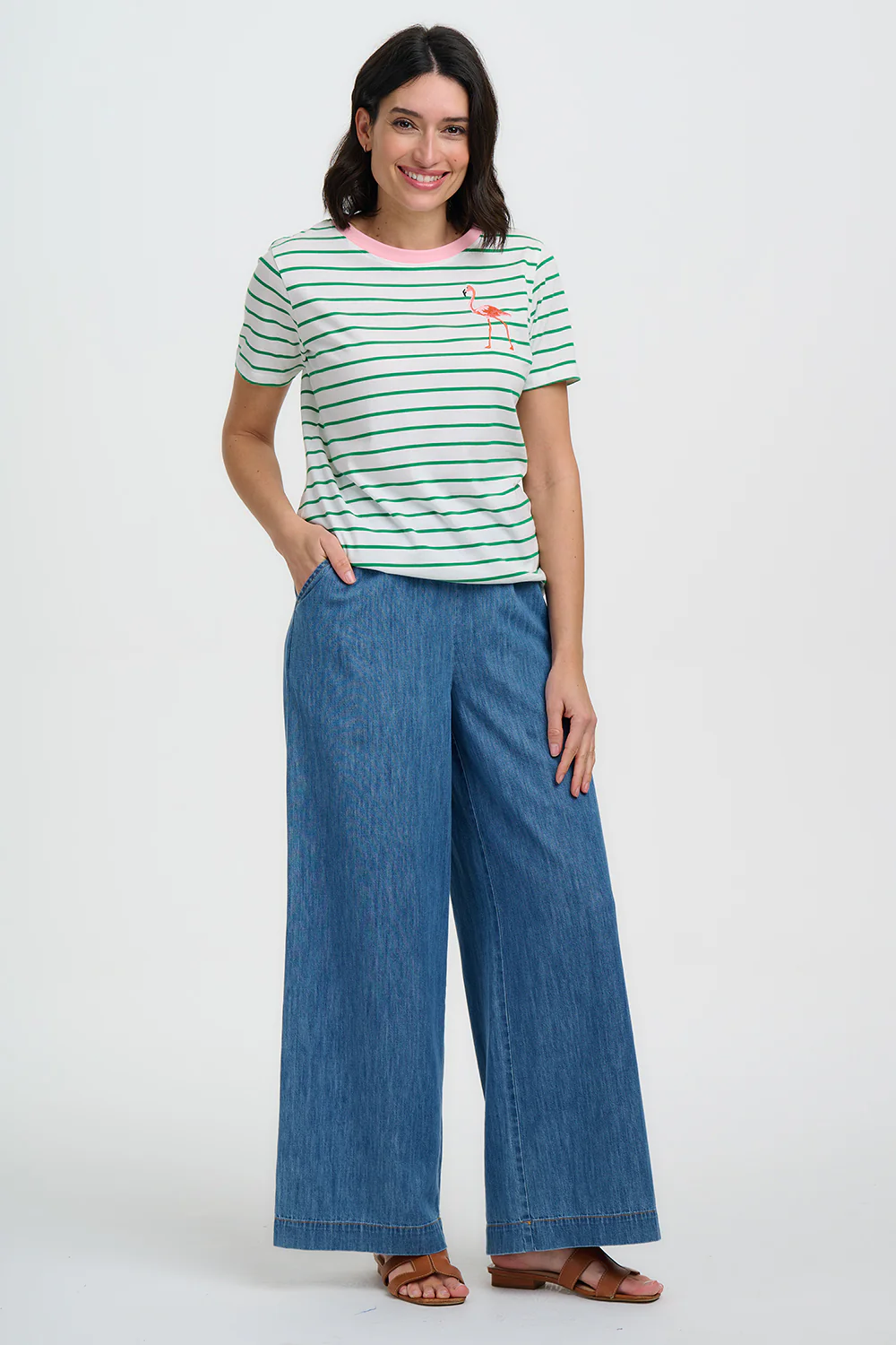 Maggie T-Shirt - Off White/Green Stripes, Flamingo - Image 3