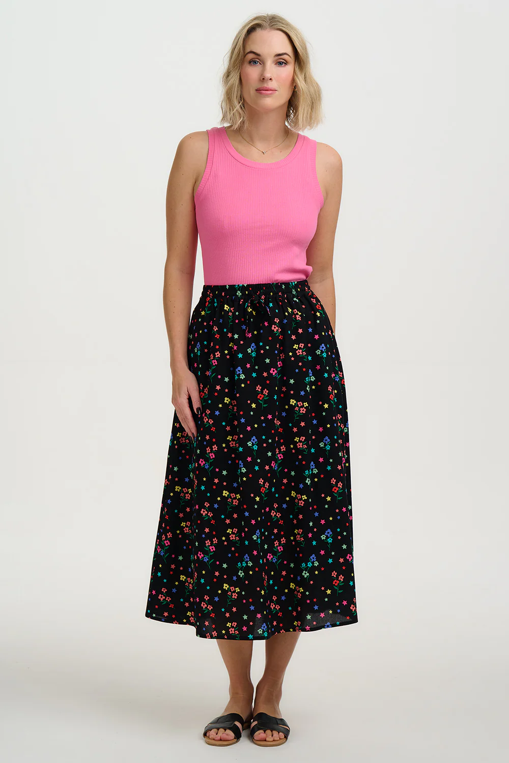 Melody Midi Skirt - Black, Rainbow Sprigs