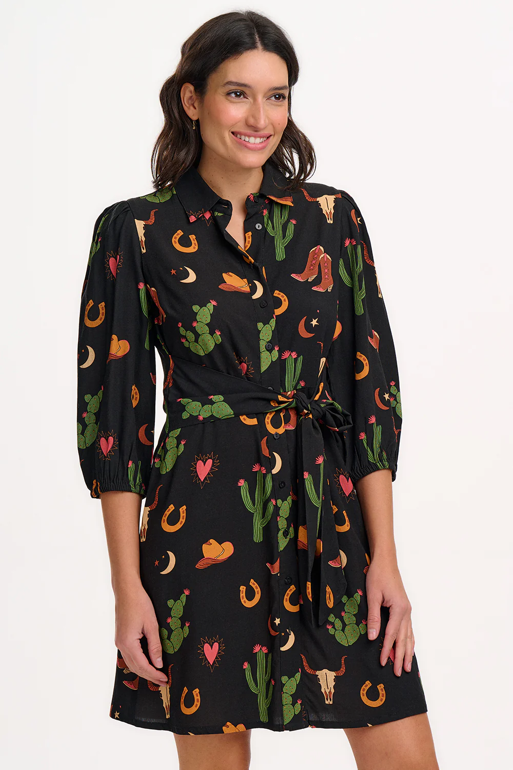 Mildred Mini Shirt Dress - Black, Cowgirl Print