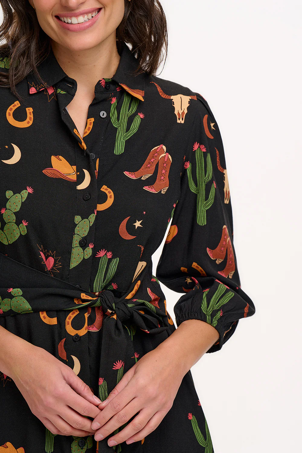 Mildred Mini Shirt Dress - Black, Cowgirl Print - Image 2