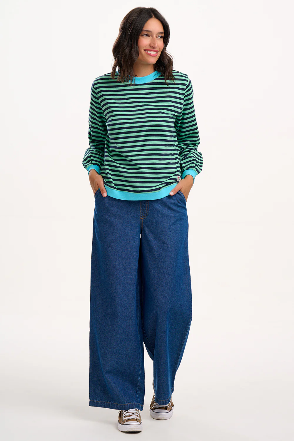 Mindy Blouson Sleeve Sweatshirt - Navy/Green, Stripe Contrast Rib - Image 5