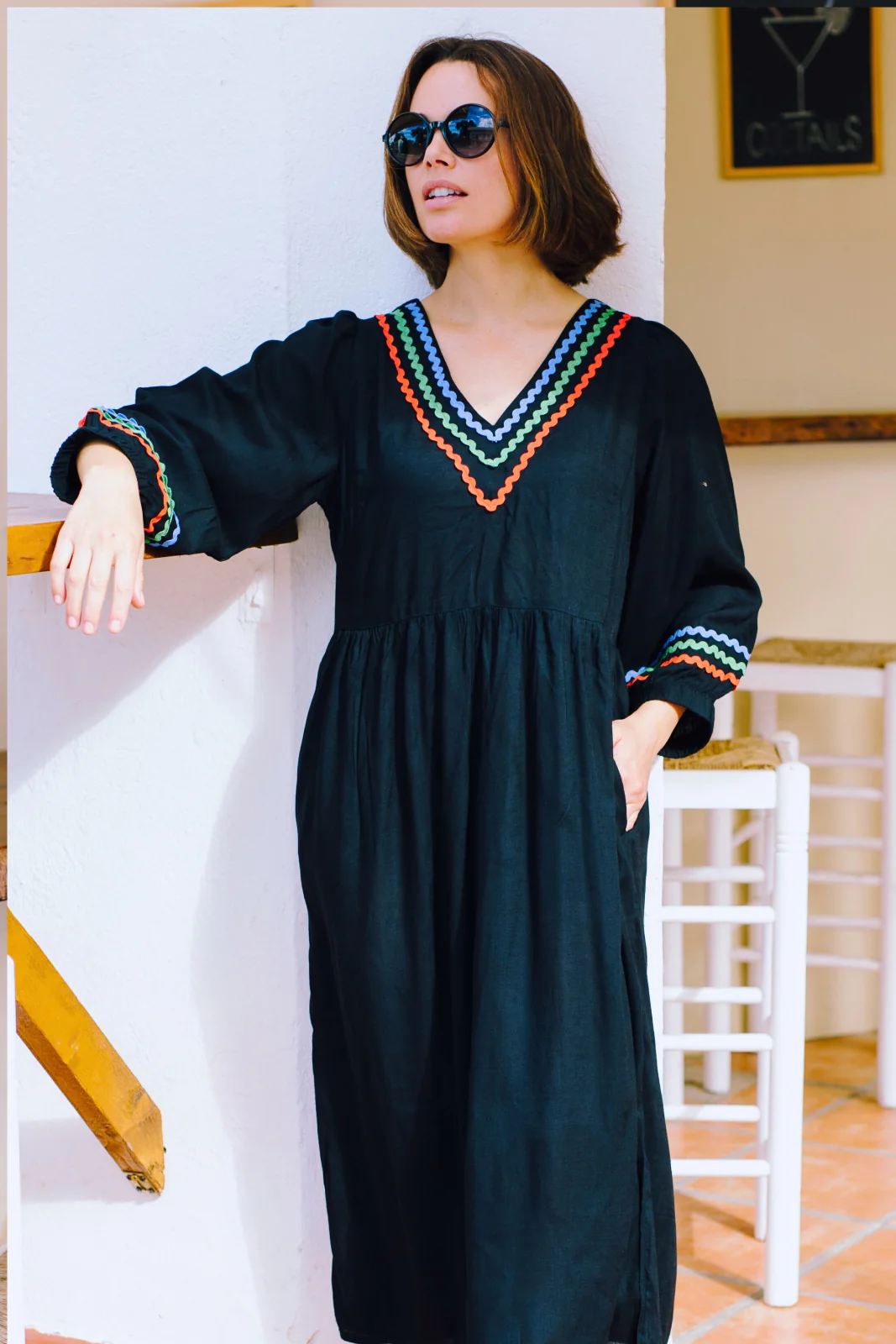 Miquita Midi Smock Dress - Black, Rainbow Ric Rac