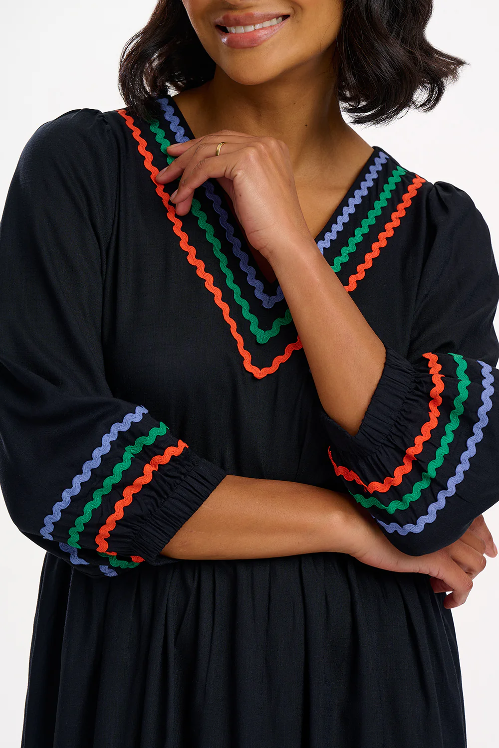 Miquita Midi Smock Dress - Black, Rainbow Ric Rac - Image 2