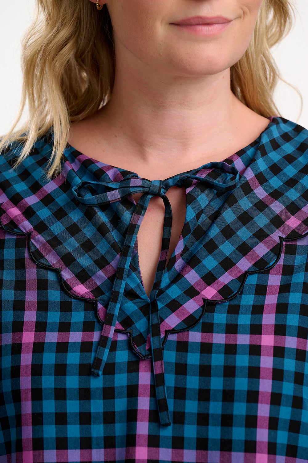 Nessie Scallop Collar Blouse - Black/Teal, Twilight Gingham - Image 2
