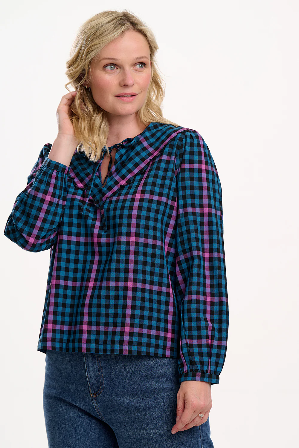 Nessie Scallop Collar Blouse - Black/Teal, Twilight Gingham - Image 3