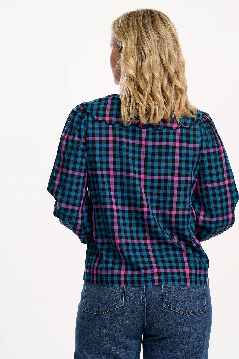 Nessie Scallop Collar Blouse - Black/Teal, Twilight Gingham - Image 4