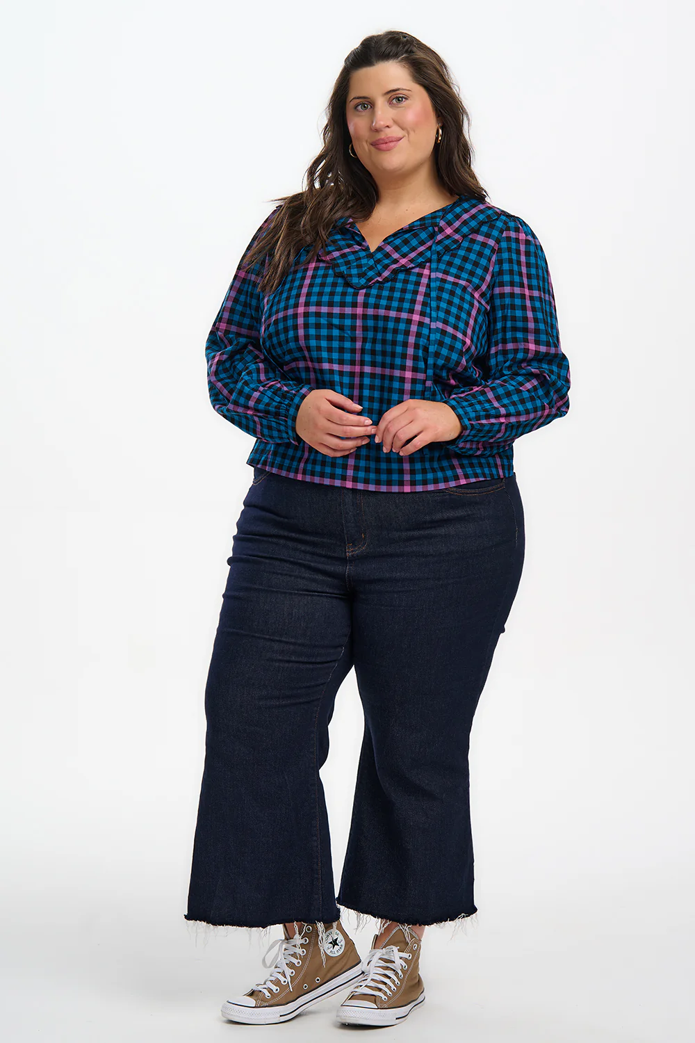 Nessie Scallop Collar Blouse - Black/Teal, Twilight Gingham - Image 5