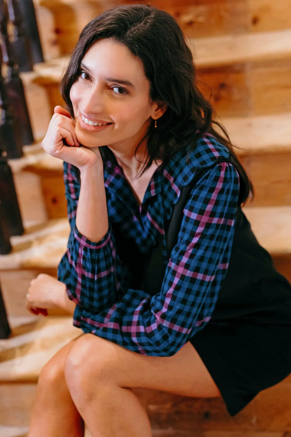 Nessie Scallop Collar Blouse - Black/Teal, Twilight Gingham - Image 7