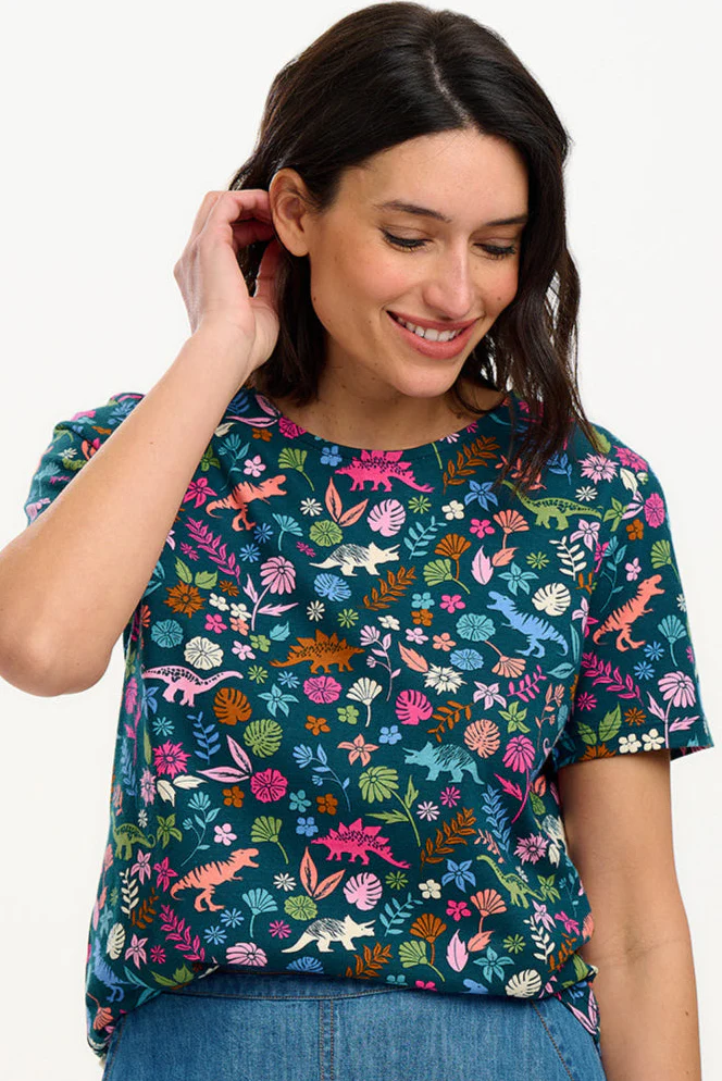 Ronah Crew Neck T-Shirt - Teal/Multi, Hidden Dinosaur - Image 3