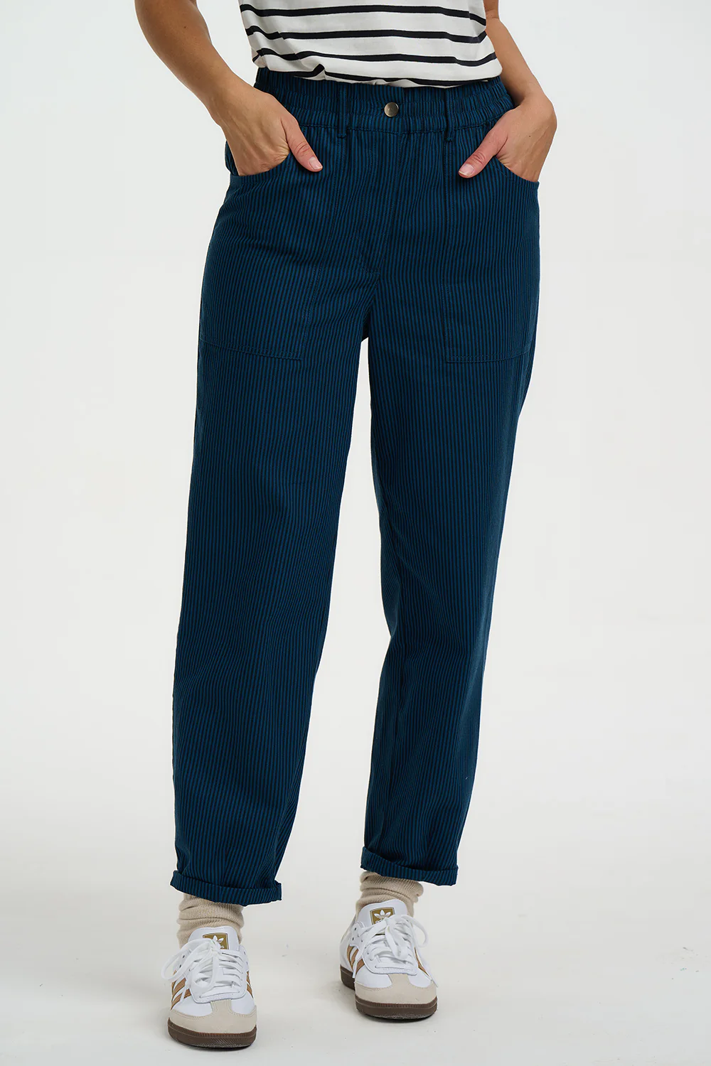 Rowan Trousers - Black/Teal, Thin Stripe