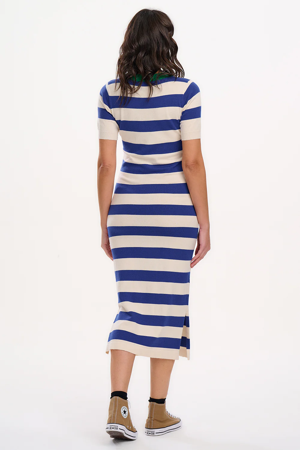 Sybil Midi Knit Dress - Blue/White, Contrast Neck - Image 4