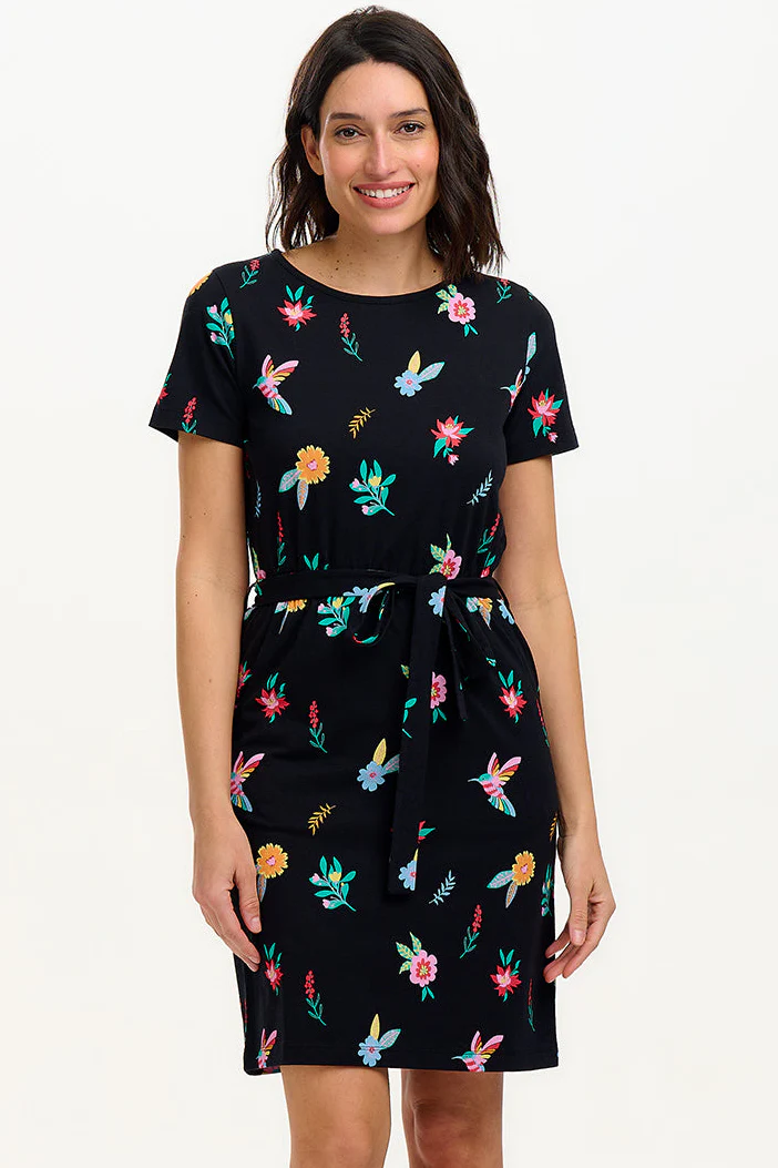 Terri Jersey Mini Dress - Black/Multi, Hummingbird Garden - Image 3