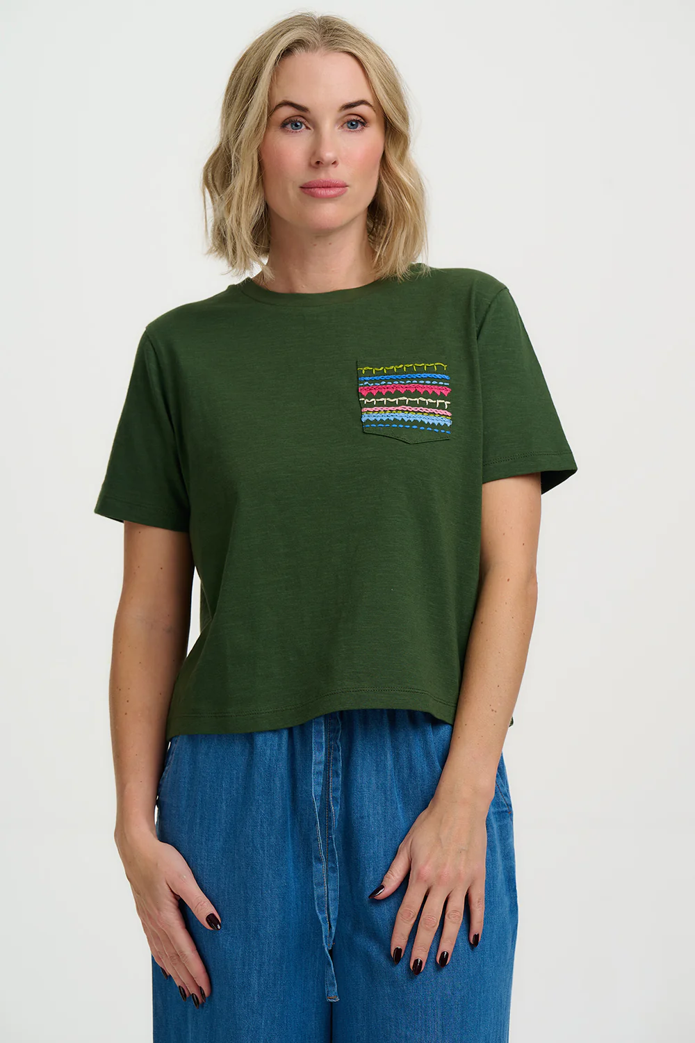 Tula Boxy T-Shirt - Olive, Aztec Embro