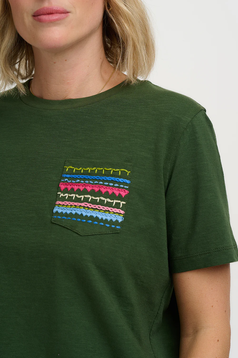 Tula Boxy T-Shirt - Olive, Aztec Embro - Image 2