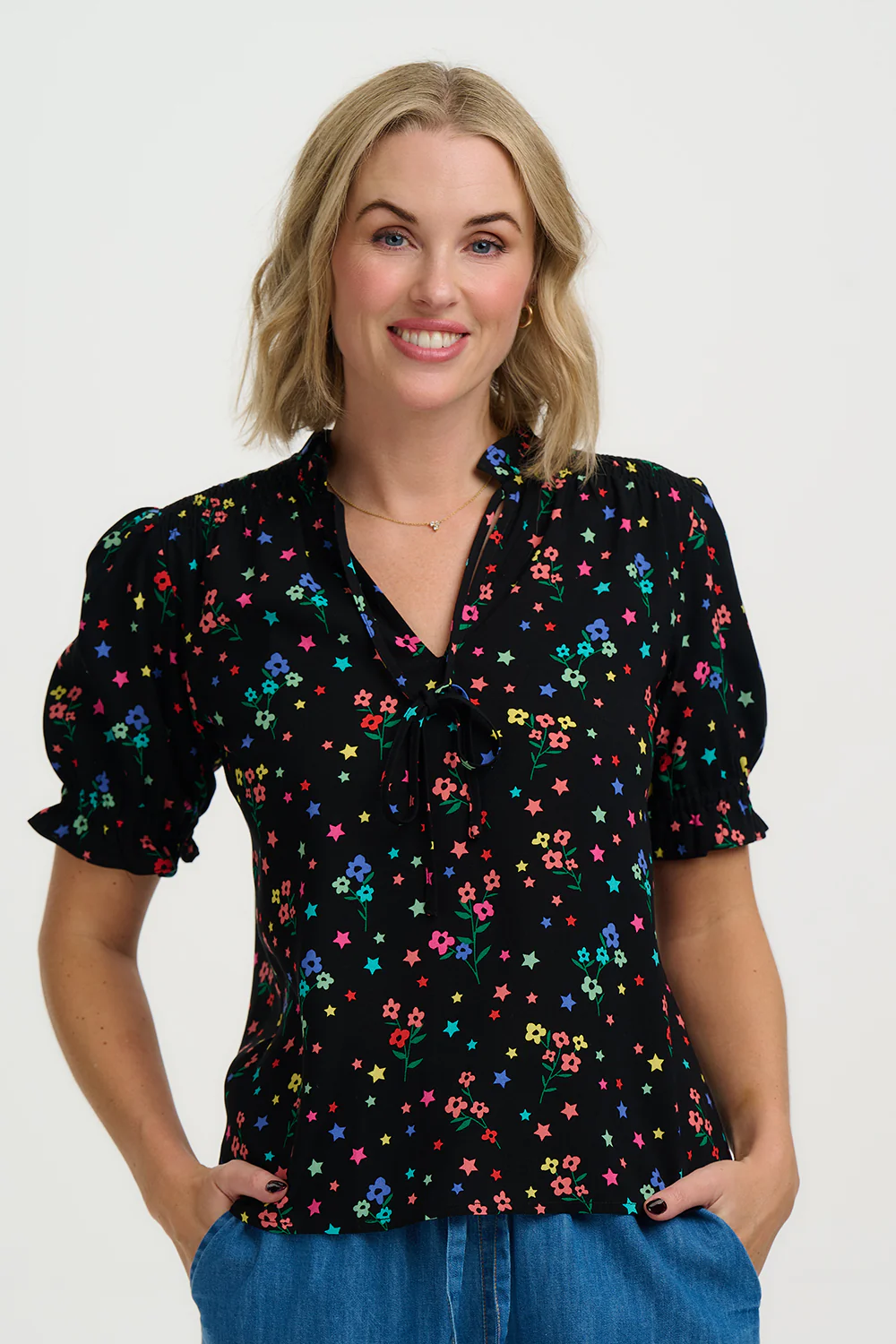 Virginia Shirred Top - Black, Rainbow Sprigs