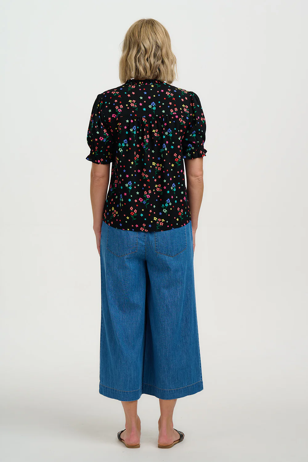 Virginia Shirred Top - Black, Rainbow Sprigs - Image 4