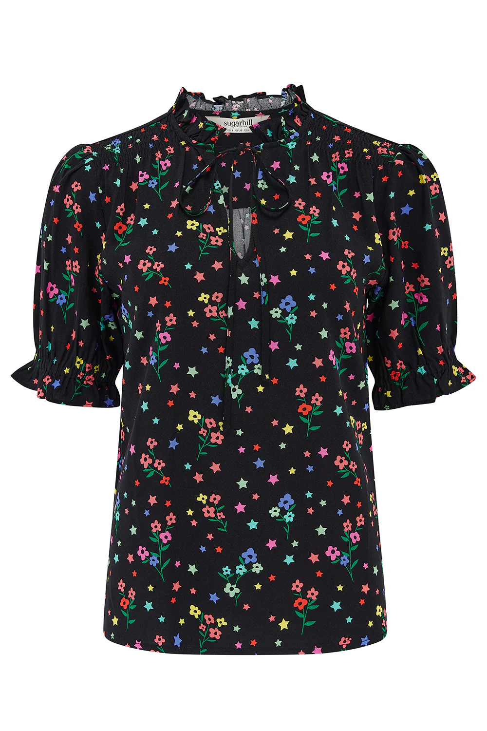 Virginia Shirred Top - Black, Rainbow Sprigs - Image 5