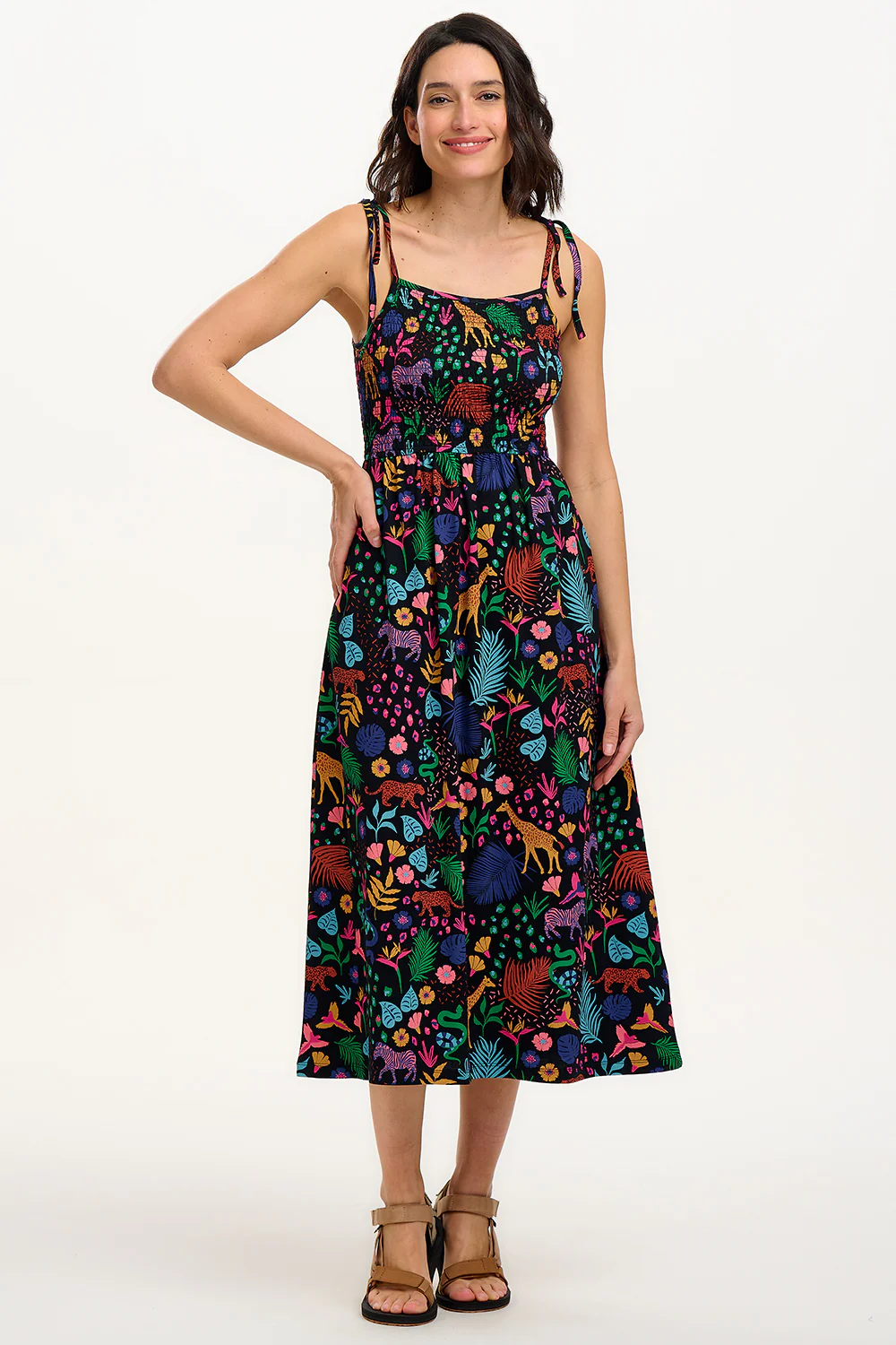Willa Shirred Jersey Midi Dress - Black/Multi, Jungle Spirit - Image 5