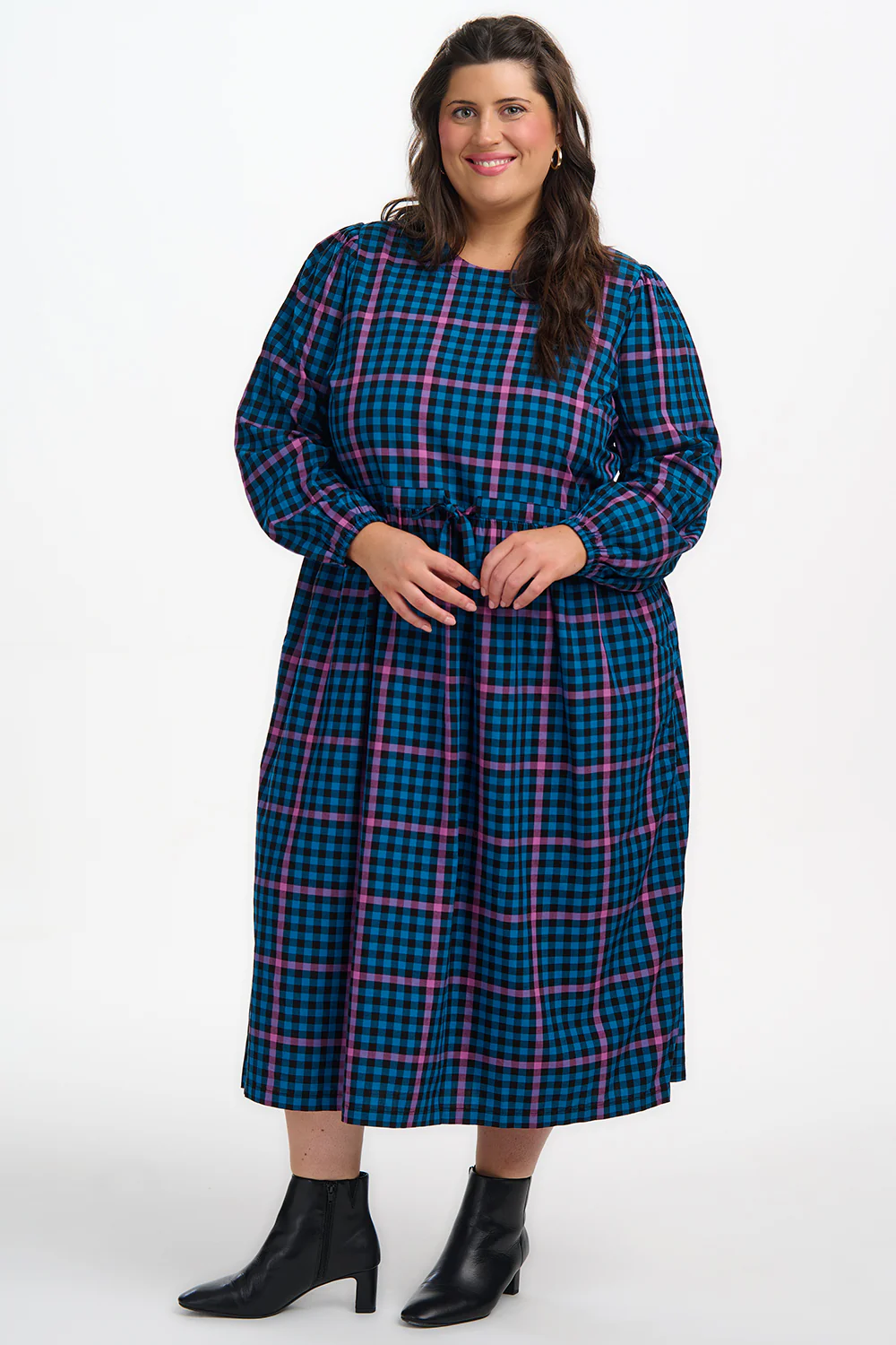 Yasmin Midi Smock Dress - Black/Teal, Twilight Gingham - Image 3