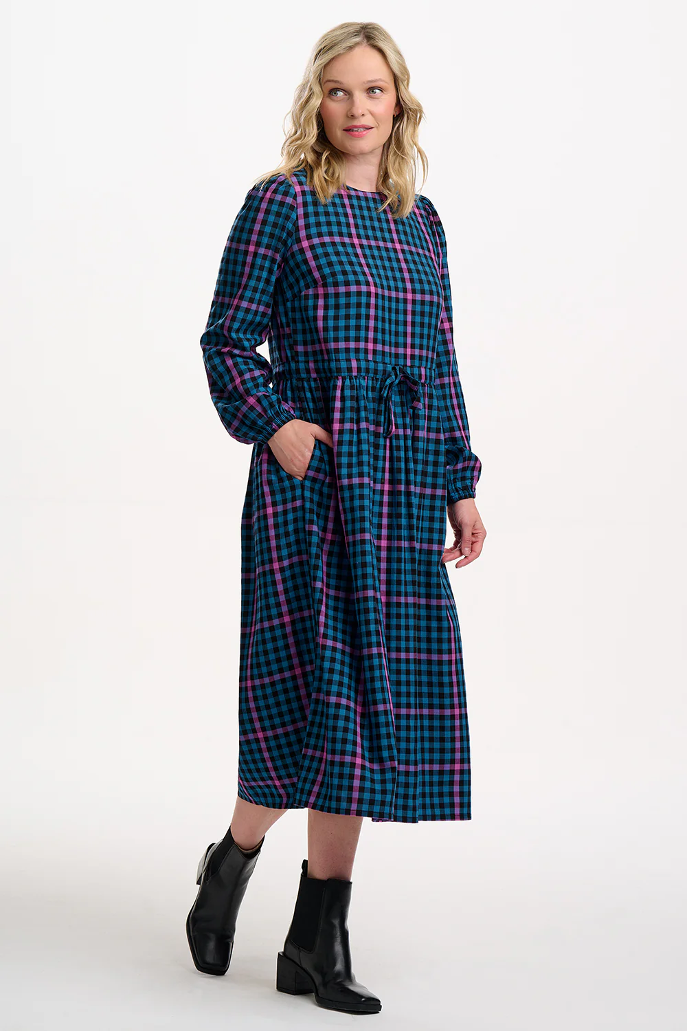 Yasmin Midi Smock Dress - Black/Teal, Twilight Gingham - Image 4