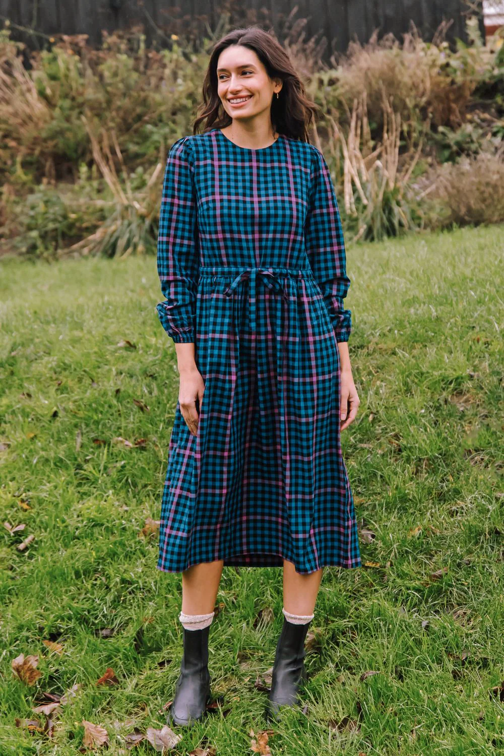 Yasmin Midi Smock Dress - Black/Teal, Twilight Gingham - Image 7